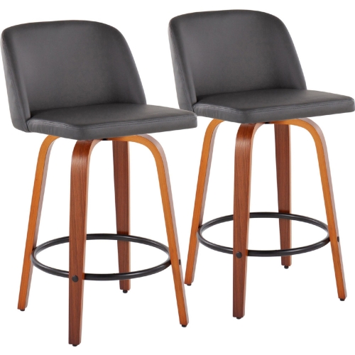 Toriano 26" Counter Stool in Grey Leatherette, Walnut Finish & Black (Set of 2)